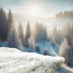 Board cover of snow with frost and blurred landscape of moutains. Christmas mockup background and empty space for your decoration. Sunny cold december day.Natural light and free space for your product - 684561715