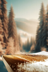 Board cover of snow with frost and blurred landscape of moutains. Christmas mockup background and...