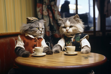 A comical depiction of cats in a cafe setting, engaging in amusing activities and interactions.
