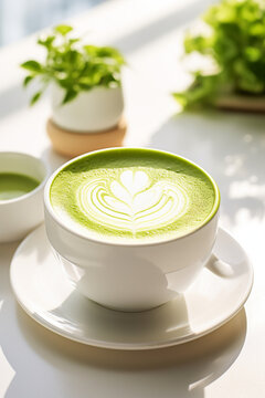 Sunlit Indulgence: Mug of Matcha Latte with Latte Art Displayed on a White Table in Sunlight