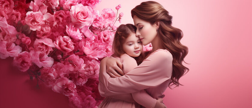 Warm Connection: Mother and Child Embracing, Illustrating the Essence of Mother's Day Against a Pink Backdrop
