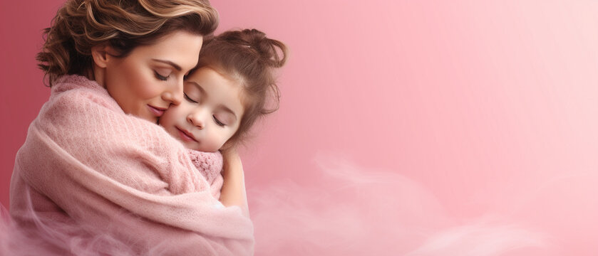 Tender Affection: Mother and Child Embrace on Pink Background, Honoring Mother's Day