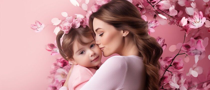 Sweet Embrace: Mother and Child Bonding on a Pink Background, Celebrating Mother's Day