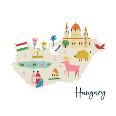 Fototapeta premium Colorful composition, design with famous symbols, animals on the map of Hungary.