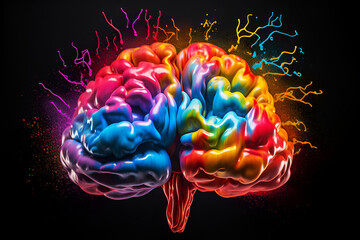 rear view of shape of human brain and sections in bright multi-colored colors Mental health Psychological concept , positive emotions - obrazy, fototapety, plakaty