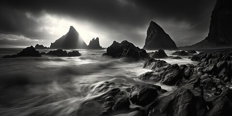 Nautical marine seascape sea ocean waves rocks landscape background in monochrome black and white