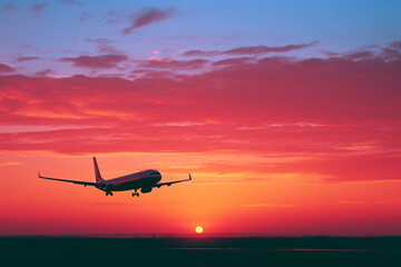 An airplane silhouetted against a vibrant orange and pink sunset, creating a stunning and atmospheric scene.