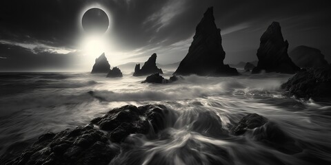 Nautical marine seascape sea ocean waves rocks landscape background in monochrome black and white