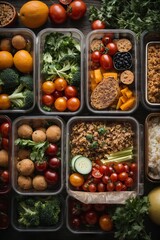 Top view of healthy food in containers. A lot of vegetables tomatoes, avocados, cucumbers, eggs,...