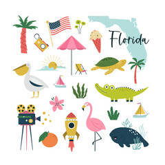 Colorful composition, circle design with famous symbols, animals of Florida state, USA.