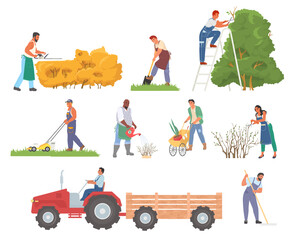 Farm worker cartoon character in garden isolated set