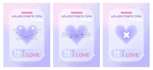 Modern y2k design Valentine's Day party invitation, banner, poster set. Trendy aesthetic minimalist vector illustrations with hearts, abstract shapes, stars, gradient and typography.