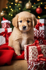 Puppy Surprise: Adorable Pup Surrounded by Christmas Gift Boxes Under the Tree