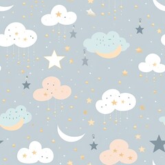 Fototapeta na wymiar Pastel Clouds and Stars Nursery Pattern on Dotted Grey Background