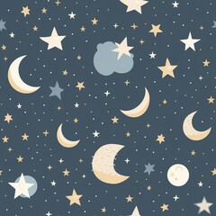 Obraz na płótnie Canvas Pastel Clouds and Stars Nursery Pattern on Dotted Grey Background