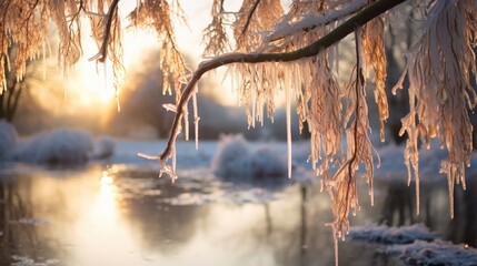 Icicles on Willow Tree in Winter - obrazy, fototapety, plakaty
