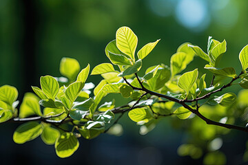 Fototapeta na wymiar Eternal Spring: Green Flowering Leaves on Branch - Generative AI