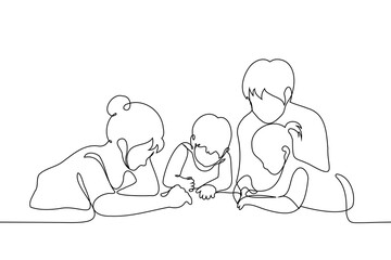 adults playing on the floor with children - one line art vector. nanny concept, heterosexual family