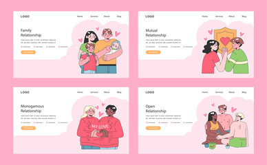 Relationships web or landing set. Diverse interpersonal romantic dynamics between characters. Mutual emotional connections across various scenarios. Flat vector illustration.