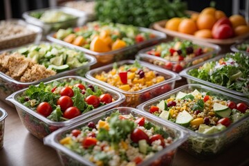 Close-up of healthy vegetarian food in containers. A lot of vegetables, fruits, herbs, dishes on...