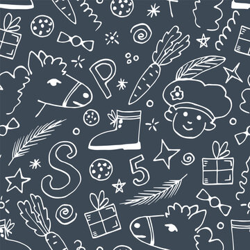 Simple hand drawn vector seamless pattern. White outline on a dark blue background. Celebration of St. Nicholas Day, Sinterklaas. For printing on wrapping paper, gifts, textiles.