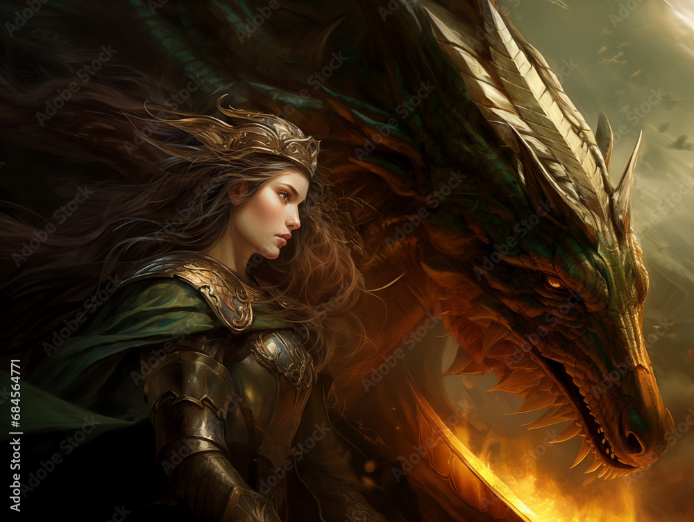 Wall mural Dragon Woman female Fantasy Warrior Illustration