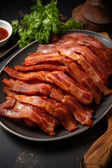 Tempting Treat: Cooked Turkey Bacon Presented on a Serving Plate