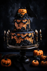 Haunted Delight: Two-Tiered Halloween Cake Featuring Detailed Pumpkins, Bats, and Black-Orange Decor