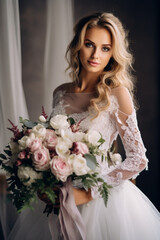Naklejka premium Bridal Elegance: Unidentified Bride Holding Bouquet in Wedding Dress on Her Special Day
