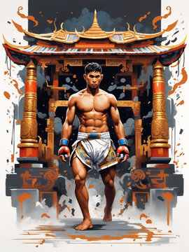Confident Sport Thai Boxer man standing in the gates of the temple,asian temple in ruins,red colors, warm, fantasy background. ai generative