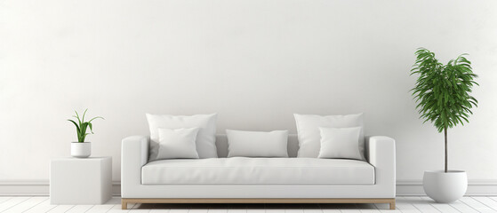 Fototapeta na wymiar Clean Aesthetics: White Sofa, Side Tables on White - Banner for Minimal, Calm Interior