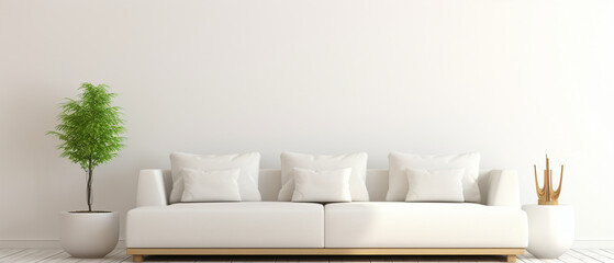 Fototapeta na wymiar Minimalist Elegance: White Sofa, Side Tables on Banner-sized White Background for Fresh Interior
