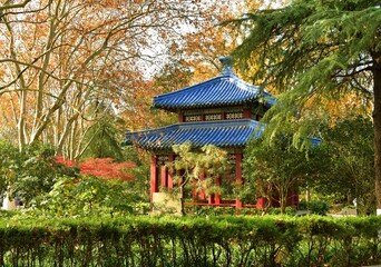 Photo of traditional Chinese style pavilion in the woods in autumn