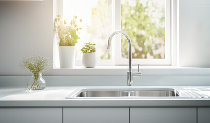 Fototapeta na wymiar Modern white kitchen interior with sink and faucet. High quality photo