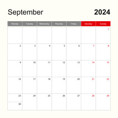 Wall calendar template for September 2024. Holiday and event planner, week starts on Monday.