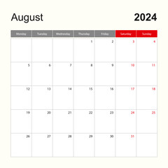 Wall calendar template for August 2024. Holiday and event planner, week starts on Monday.