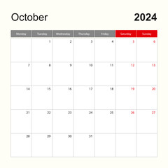 Wall calendar template for October 2024. Holiday and event planner, week starts on Monday.