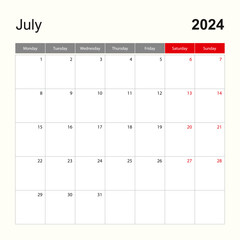 Wall calendar template for July 2024. Holiday and event planner, week starts on Monday.