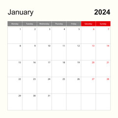 Wall calendar template for January 2024. Holiday and event planner, week starts on Monday
