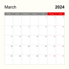 Wall calendar template for March 2024. Holiday and event planner, week starts on Monday. - obrazy, fototapety, plakaty
