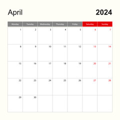 Wall calendar template for April 2024. Holiday and event planner, week starts on Monday.