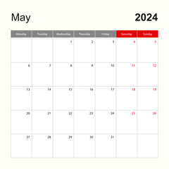 Wall calendar template for May 2024. Holiday and event planner, week starts on Monday.