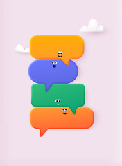 Cute communication speech bubbles with face emotions. Message, chat concept. 3D Web Vector Illustrations.