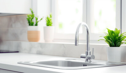 Modern faucet on white countertop in modern kitchen with green plant in front of large window background. High quality photo