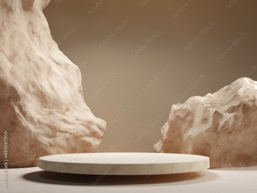Poster Empty round marble platform centered between two rugged rocks with beige background. High quality photo