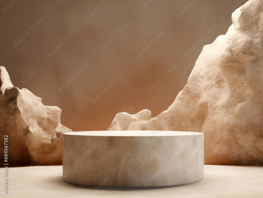 Poster empty round marble round podium centered between rugged rocks with beige background. high quality ph