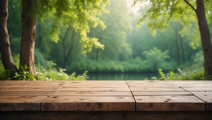 Empty old wooden table with green nature background