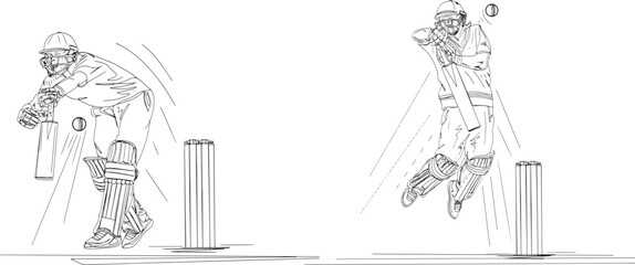 Cartoon Sketch: Cricket Batsman Clip Art in Uncomfortable Play, Illustration of Batsman in Trouble: Facing Fast Bowler, Playful Fear: Cartoon Drawing of Cricket Batsman Unsettled