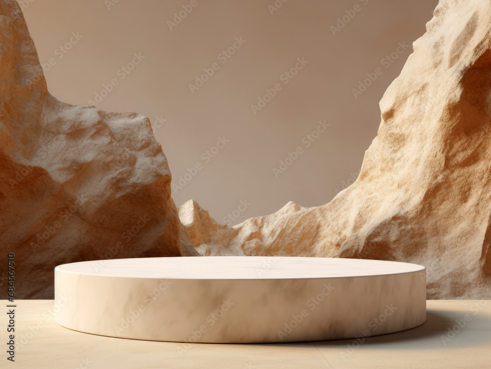 Poster empty round marble round pedestal centered between rugged rocks with beige background. high quality 