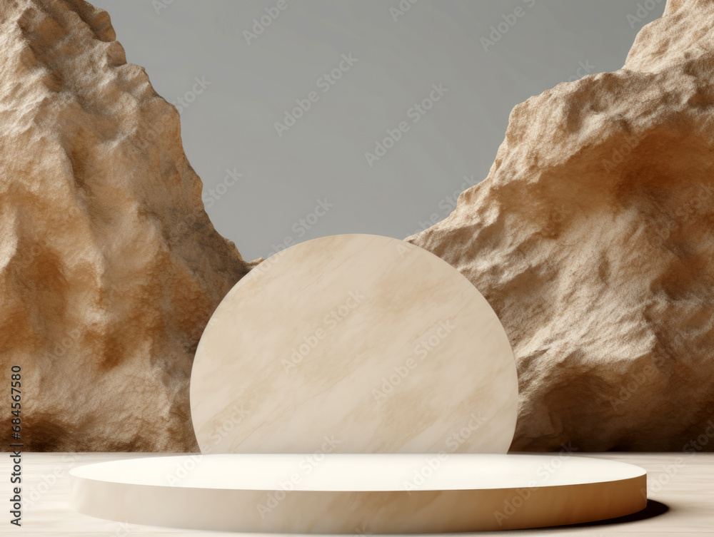 Poster minimalist display with a beige marble circular pedestal between two textured rocks on a plain backg